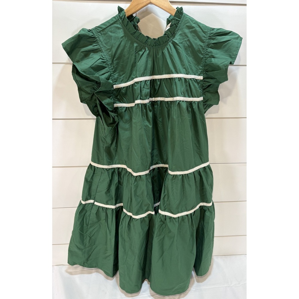 entro Green Tiered Ruffle Sleeve Long Sleeve Dress with White Trim